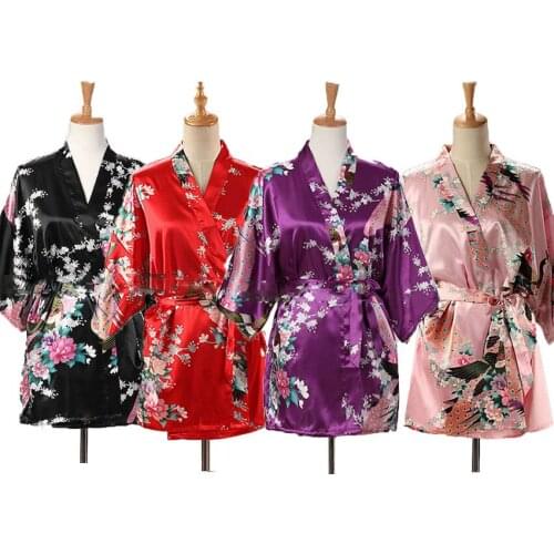 Lace Up Woman Peacock Print Japanese Kimono Yukata Silk Satin Short Style Sleepwear Home Nightgown Bath Robe Costume