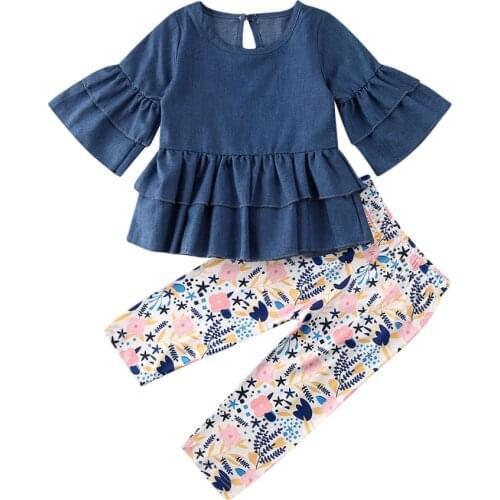 Toddler Kid Baby Girl Clothes Sets Autumn Flare Sleeve Solid Tops Dress Long Floral Pants Outfit Clothes 1-6Yrs