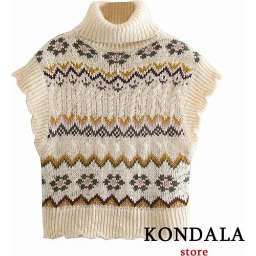 KONDALA Women Fashion Za 2021 Sweater Jacquard knitted Vest High Neck Waistcoat Elegant Mujer Tops
