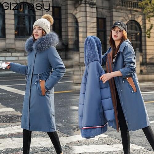Gizmosy 2021 New Winter Long Jacket Women Removable Fashion Hooded Warm Parkas Female Thick Fur Liner Slim Casual Jacket Outwear