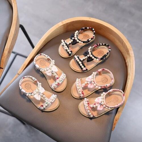 2021 summer new childrens sandals girls open-toed pearl princess shoes childrens soft bottom bow female baby shoes size 21-30