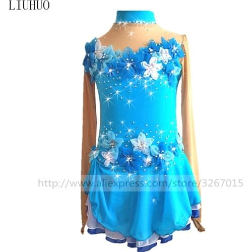 Figure Skating Dress Womens Girls' Ice Skating Dress Royal Blue Long sleeve Hand - made flower decorations Multilayer skirt