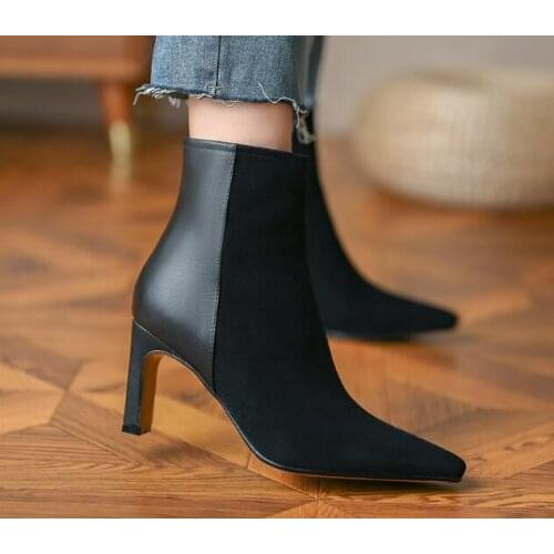 Drop Shipping Black Suede Leather Patchwork 8 cm Square Toe Ankle Boots Woman Winter Fur In Chelsea Short Booties Shoes Size 34