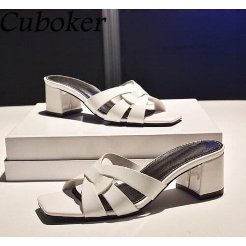 Brand Runway Slipper Women Thick Heel Leather Slides Cross Woven Flip Flops Summer Vacation Beach Slippers For Women Mujer