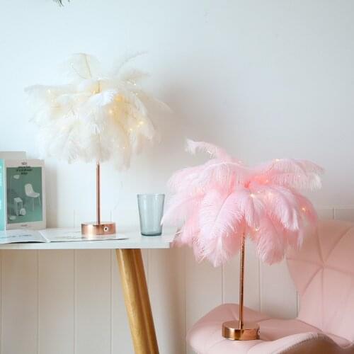 DIY Ostrich Feather Lamp Remote Control LED Bedside Table Light for Kids Children White Feather Shade Bedroom Night Stand Lamps