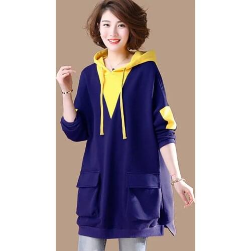 Spring Autumn Style Cotton Womens Hoodies Loose Pockets Solid Color Patchwork Long Sleeve Casual Sweatshirt AA4031