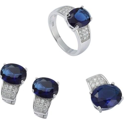 Eulonvan vintage 925 sterling silver luxury women wedding jewelry sets (ring/earring/pendant) Dark Blue Cubic Zirconia S-3704set