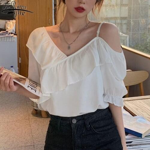 2021 New Korean Chic Solid Color Women Shirt Ruffled Simple Short-sleeved Chiffon Blouse Elegant Asymmetry Top Female 14611