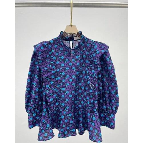 2021 Summer High Quality Fashion Runway Blouse Top Print Ruffles Hot Sale Popular Cute Short Shirt Ladies