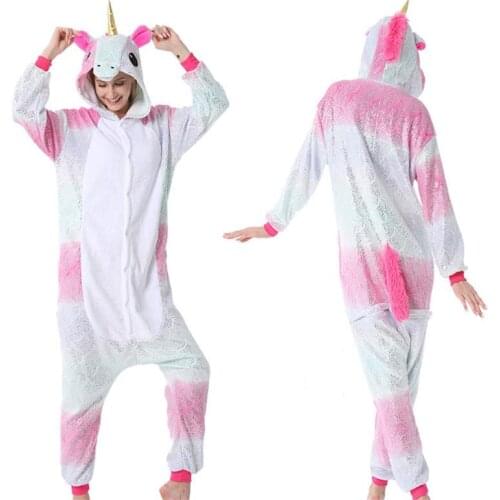 Gold Unicorn Onesies Cartoon Kigurumi Adult Animal Jumpsuit Women Pajamas Winter Pajamas Suit Sleepwear Flannel Pijamas