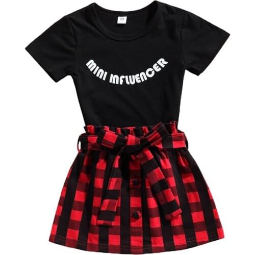 Pudcoco 1-6Y 3Pcs Summer Baby Girls Letter Print O-Neck Fashion T-Shirt Tops+Plaid A-Line Skirt+Belt Outfit Sets