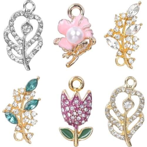 27*14mm Fashion Alloy Crystal Silver Gold Color Leaf Charms Pendant DIY Necklace Bracelet Jewelry Findings Handmade Craft