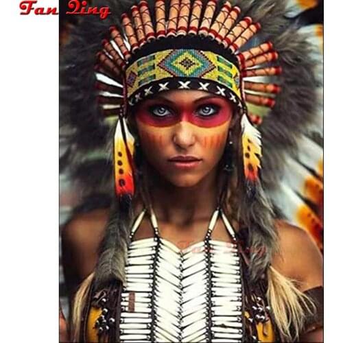 Tribal indians woman 5D Diamond Painting Full Square Round Diamond Embroidery Rhinestones Pictures Diamond Mosaic