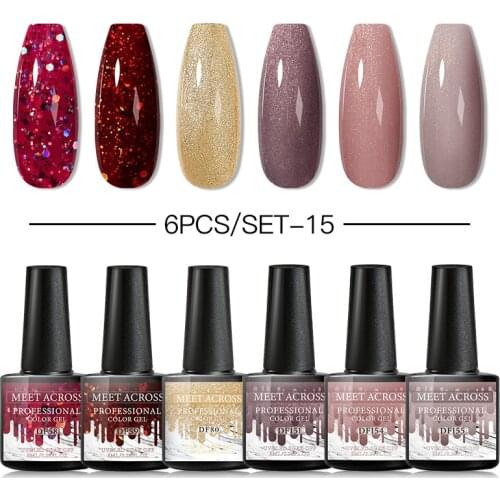 MEET ACROSS 6pcs/set Color Gel Nail Polish Set 8ml Semi Permanent UV Led Gel Varnish Soak Off Nail Lacquers Base Top Coat