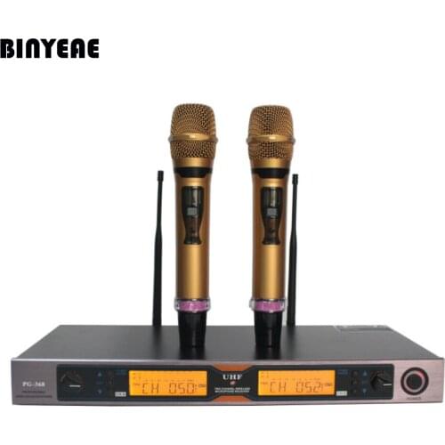 BINEAE PG-368 Dual Channel Dynamic Professional 2 Handheld Cordless Microphone for Home Theatre Karaoke Music System Gold Metal