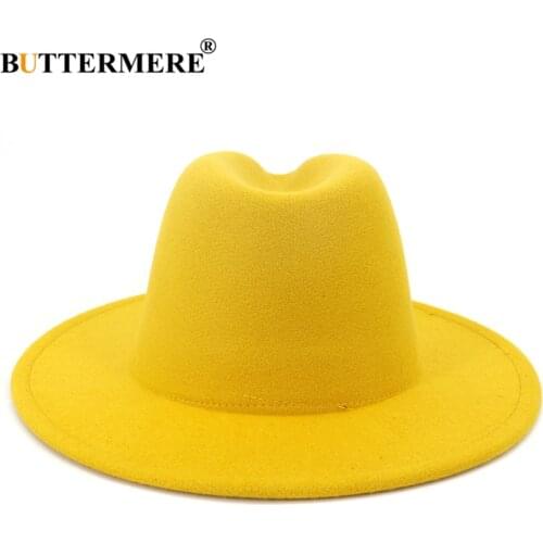 BUTTERMERE Women Men Fedora Yellow Purple Patchwork Wool Felt Jazz Cap Male Female Wide Brim Panama Vintage Cowboy Trilby Hat