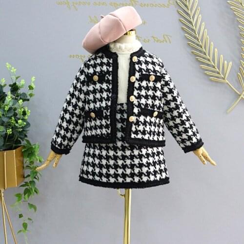 Baby Girl Winter Clothes Sets Autumn Kids Fashion Button Check Cardigan Jacket With Skirt 2 Piece 3-10Y Children Princess Outfit