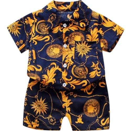 Baby Boys Floral Printed Clothes Set Summer Short Sleeve Shirt Top+Pants 2Pcs Gentelman 1 2 3 4 5 Year Kids Holiday Beach Outfit