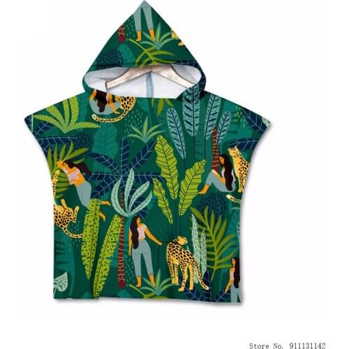 Green Plant Double-sided Print Soft Hooded Bath Towel for Girls and Boys Cartoon Beach Towels Absorbent Super Fiber Bathrobe
