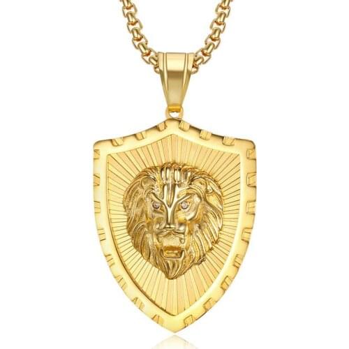 Hip Hop Gold Color Stainless Steel Shield Shape Male Lion Animal Pendants Necklaces for Men Rapper Jewelry Drop Shipping