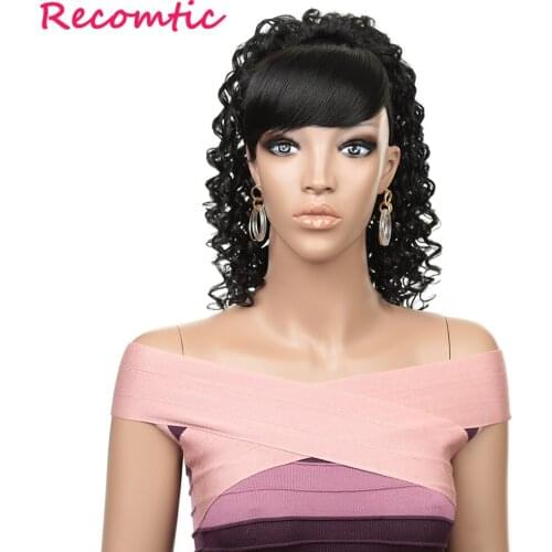 Recomtic Synthetic Hair Extension Kinky Ponytail Curly With Bangs Wig 12Inch Natural Black 1B/99J Temperature Wire For Women
