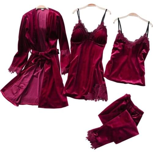 Dark Red Spring velvet Strap Top Pants Suit Pajamas 4PC Sleepwear Sets Womens Home Wear Nightwear Kimono Robe Bath Gown Bathrob