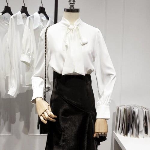 Summer New 2021 Chiffon Women Blouse Bow Neck Long-Sleeved Loose Elegant Office Lady Pulls Outwear Tops