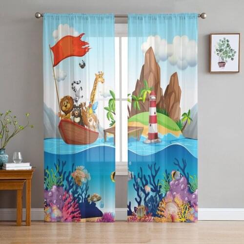 Cartoon Marine Pattern Coral Fish Boat Animal Voile Tulle Sheer Curtains for Bedroom Living Room Kitchen Decor Window Curtain