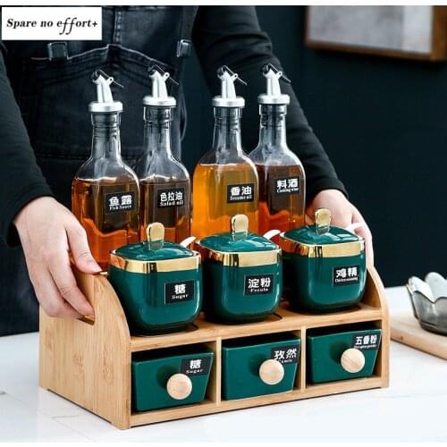 Oil Can Green Art Ceramic Spice Box Set Kitchen Salt Shaker Spice Jar Storage Rack Exquisite Decoration Household Goods Kitchen