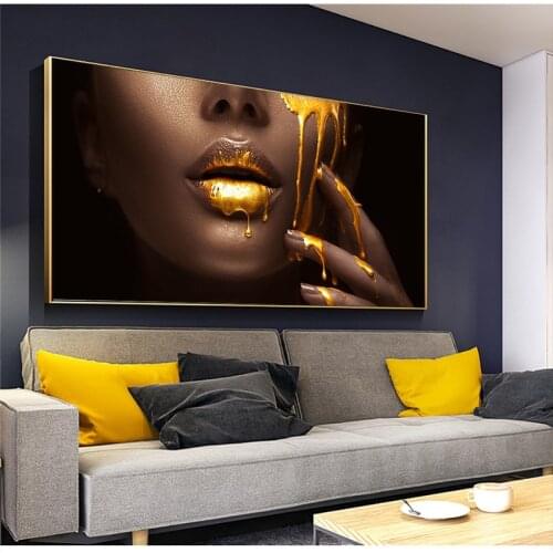 African Nude Woman Canvas Painting Gold Sexy Lip Black Posters Prints Wall Art Picture for Living Room Home Decoration Cuadros