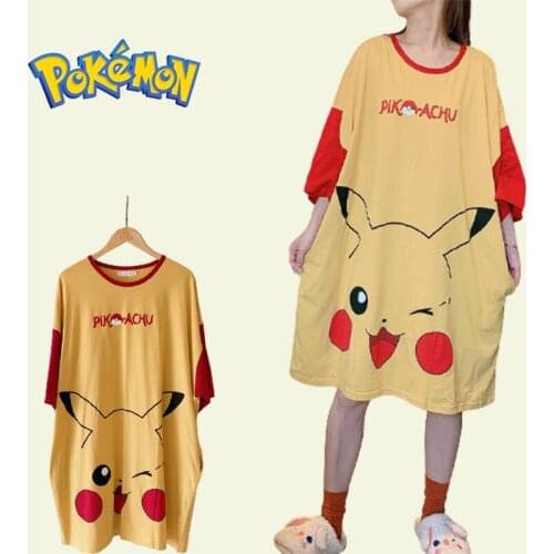 Pokemon Pokemon Pikachu anime nightdress female summer short-sleeved long skirt Korean pajamas summer loose home clothes cute