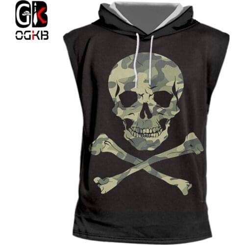 OGKB Mens Camouflage Skull Best Selling Sleeveless 3D Printed Large Size Black Green Man Loose Hooded Tank Top 6XL