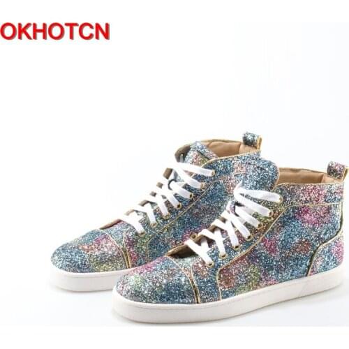 OKHOTCN New Unisex mensLoafers Bling Shinny Glitter Blue High Top Mens Shoes Fashion Crystal Lace-Up Luxury Designer Shoes Men