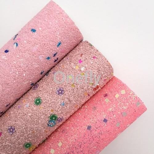 Onefly PINK Chunky Glitter Leather, Faux Leather Glitter Fabric Sheets For Bow DIY handbags shoes AF002