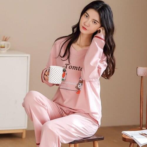 Long Sleeved Woman Pajama Set Cartoon Pyjamas Cotton Sleepwear M L XL XXL XXXL Fashion Spring Autumn Womens Sleep Lounge Pajama