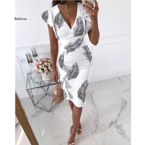 Sexy Women Dress Fashion V-Neck Elegant Slim Print Pleated Ruffles Package Hip Female Dress Summer New Vestidos De Fiesta