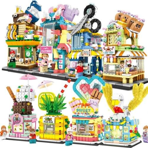 City Street View Series 5200-07 Coffee Shop Barber Store Creator Streetscape Set Model LED Light Building Bricks MOC Kid DIY Toy