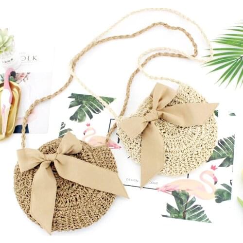 Women Beach Handbag Vintage Circular Straw Bags Female Handmade Woven Rattan Tote Summer New Casual Cute Bow Travel Shoulder Bag