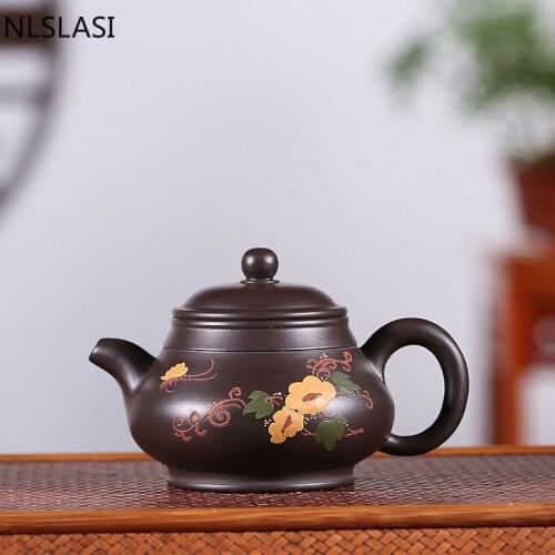 Raw Ore Black Mud Boutique Tea Pots Yixing Purple Clay Filter Teapots Hand Painted Flowers Kettle Household Teaware 190ml
