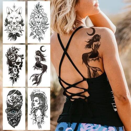 DIY Mermaid Temporary Tattoo For Women Men Realistic Fox Lion Flower Tattoos Sticker Back Arm Disposable Death Skull Fake Tatoo