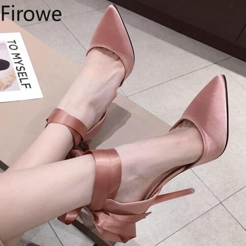Firowe Women Satin Fabric Pointed Toe Ankle Lace Up High Heels Women Party Dress Shoes zapatos de mujer Pink Shoes