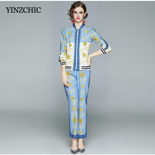 Spring Female Casual 2pc Suits Ladies Printed Coat Pants Set Blue Outwear + Long Pants for Woman Jacket Pants Set Suits