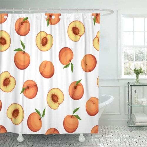 Green Peach with Peaches on White Orange Fruit Continuous Shower Curtain Waterproof 72 x 72 inches Set with Hooks