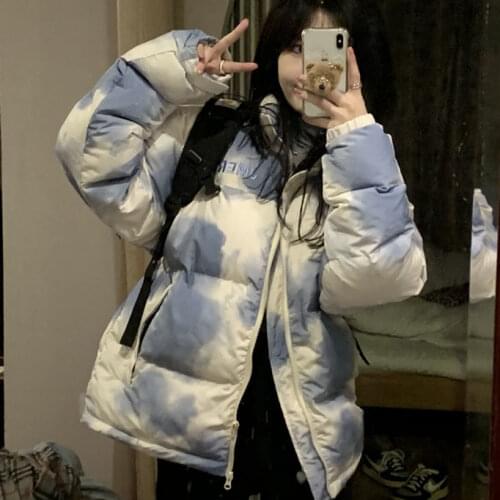 Women Short Style Parkas Ins Chic Tie Dye Oversize Coat Winter Woman Clothing All-match Loose Outwear Female Warm Thicken Clothe