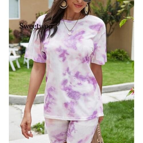 Women Set Summer Tie Dye Short Sleeve Top Shirt Loose And Biker Shorts Casual Two Piece Set Streetwear Outfits Tracksuits