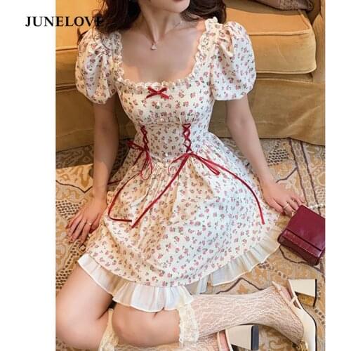 Summer Vintage Floral Dress Women Lace Up Japanese Casual Kawaii Elegant Mini Dress Short Sleeve Princess Chic Party Sweet Dress