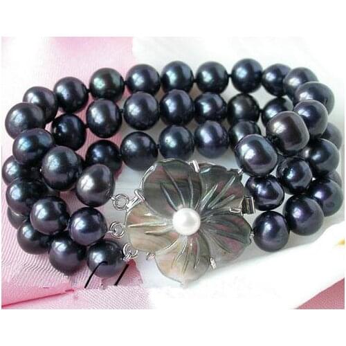 Free Shipping 3 Rows 8 Inches Cultured 7-8mm Black Freshwater Pearl Bracelet Shell Flower Clasp