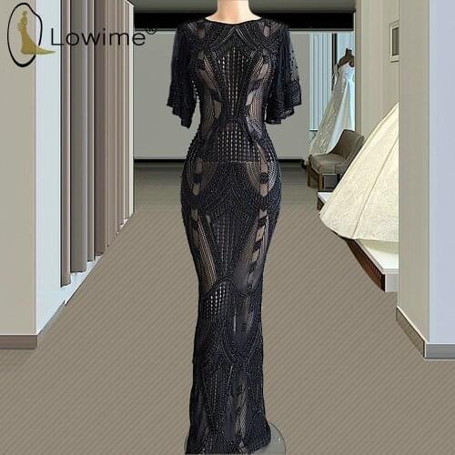 Black Mermaid Lace Evening Dresses O Neck Short Sleeve Luxury Beading Evening Gowns Long Formal Dress Pageant Party Dress