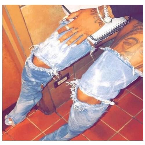 Hot selling denim blue cut-outs over the knee boots sexy open toe thigh high boots for woman night club wear high heel boots