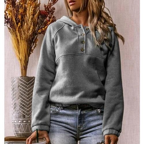Autumn Winter Women Solid Color Long Sleeve Buttons Hooded Sweatshirt Hoodie
